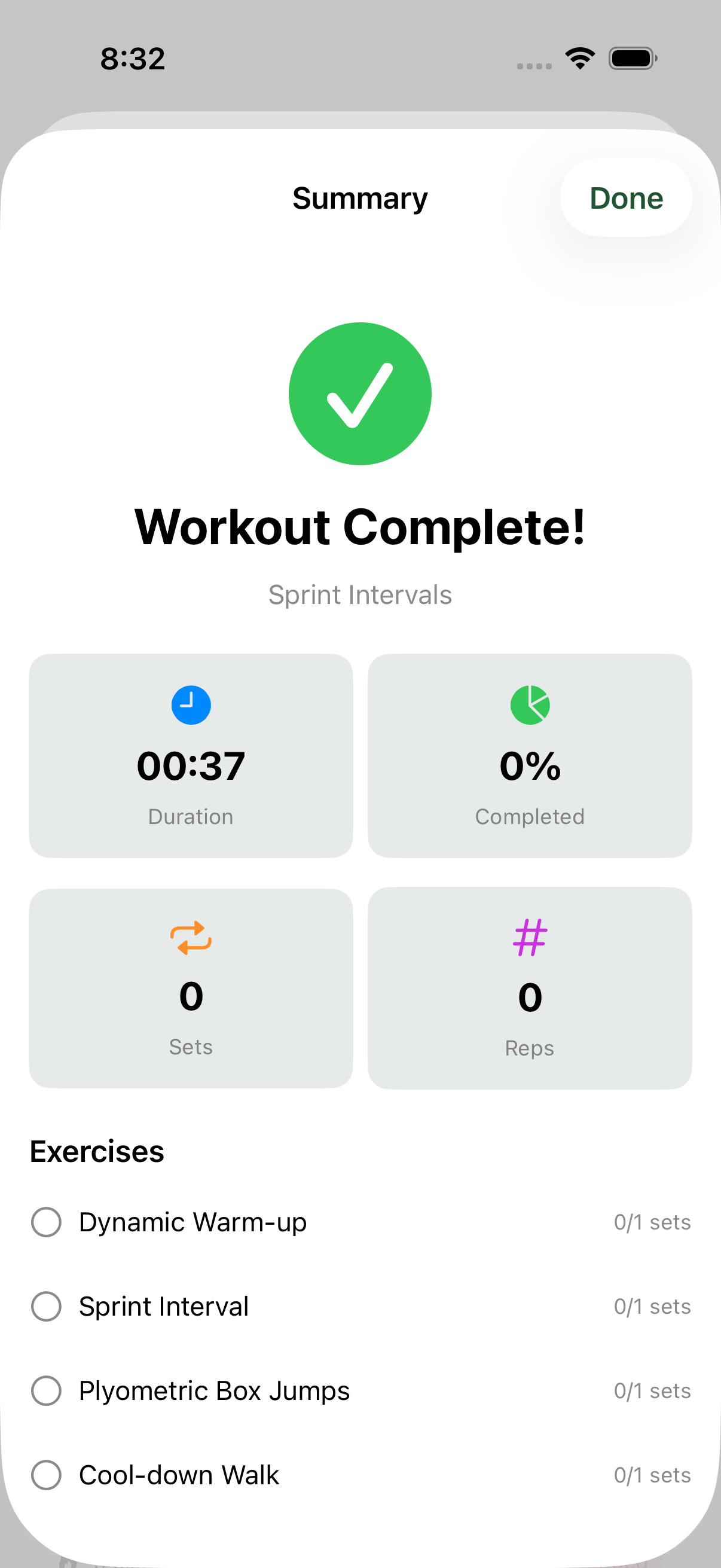 Workout summary and training log